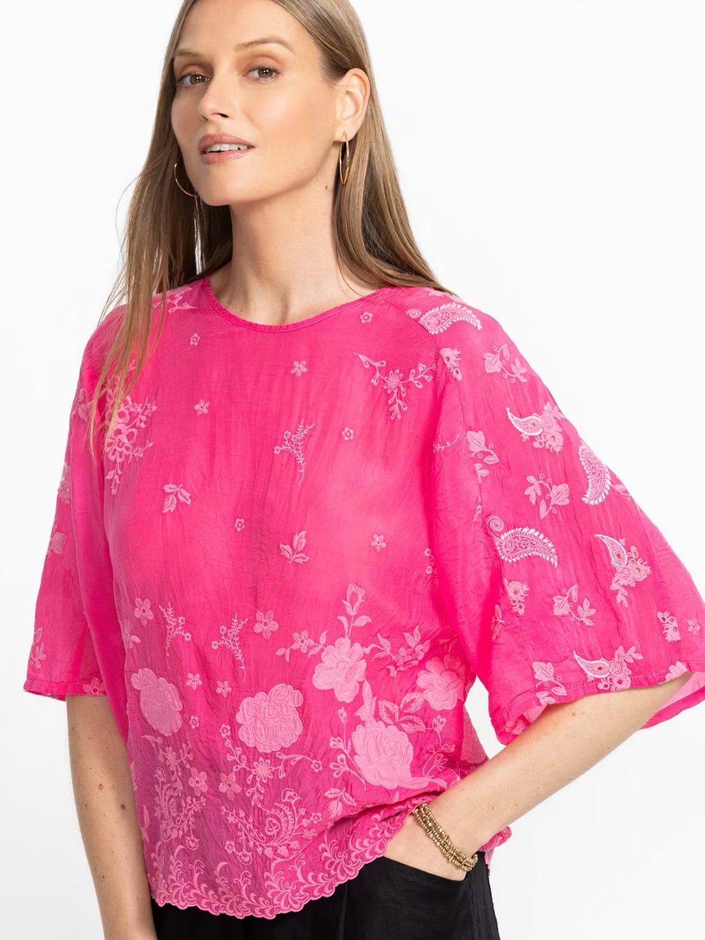 Johnny Was Hot Pink Floral Embroidered Blouse, S. NWT.